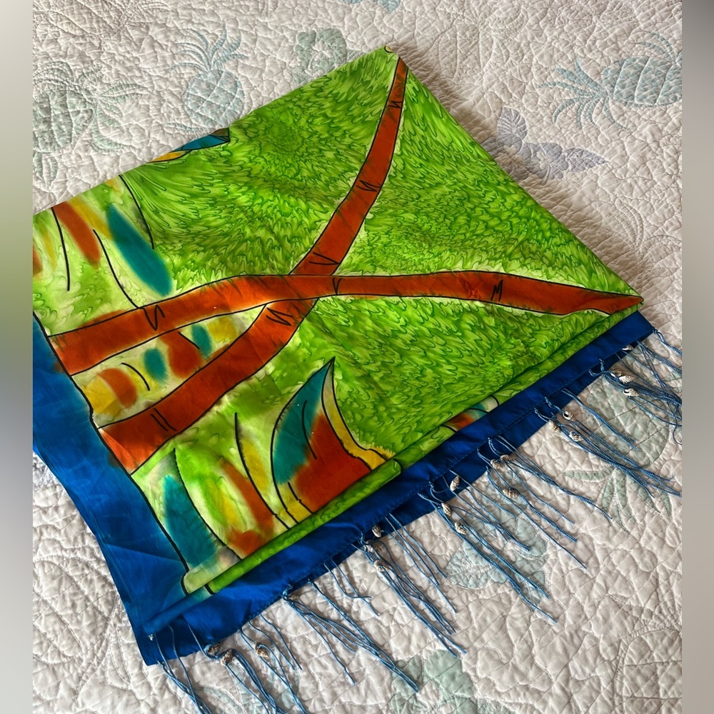 Watercolor & Real Seashell Fringe Scarf